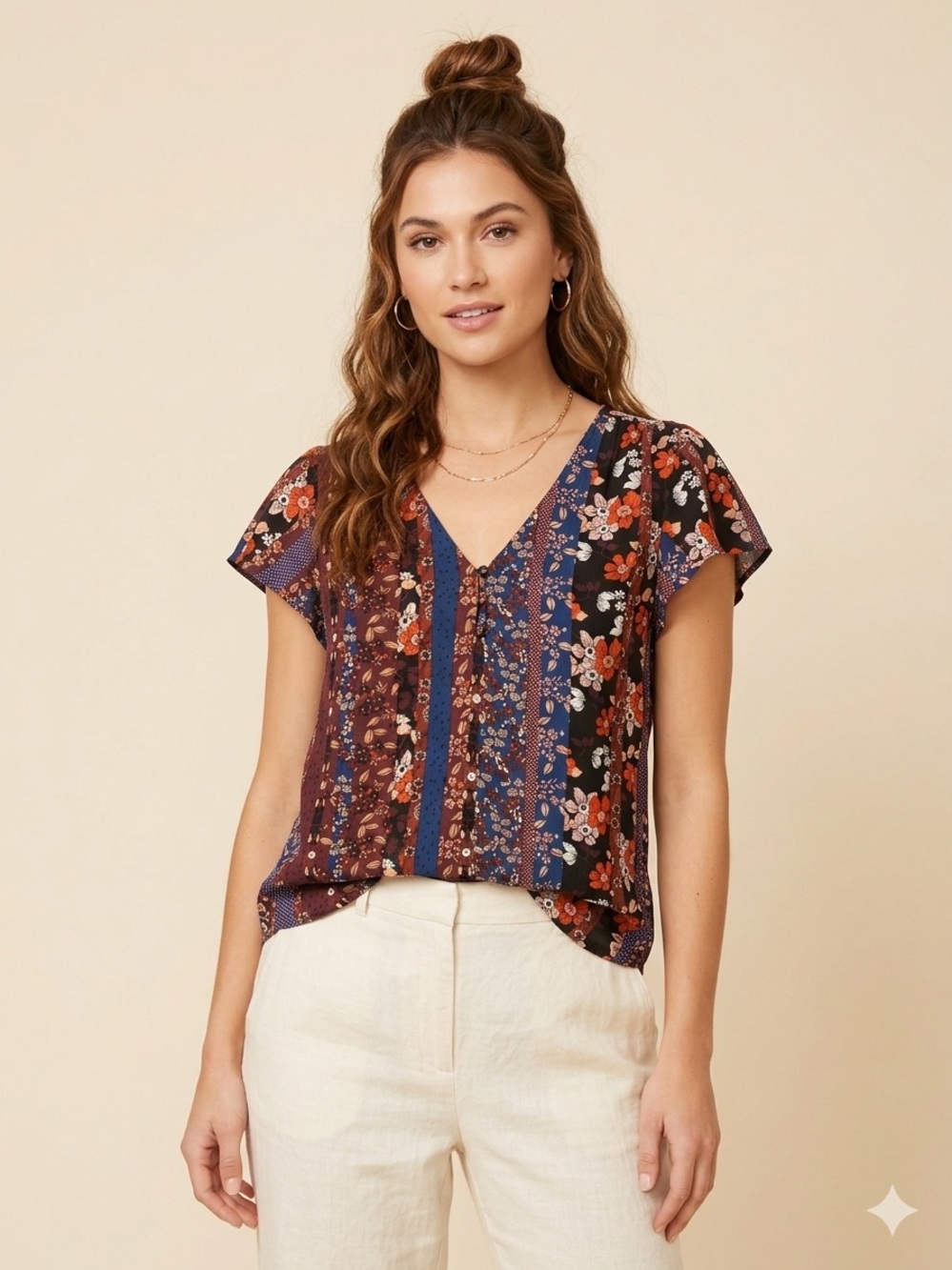 Sanctuary Mixed Floral Boho Print V-Neck Blouse - Size M
